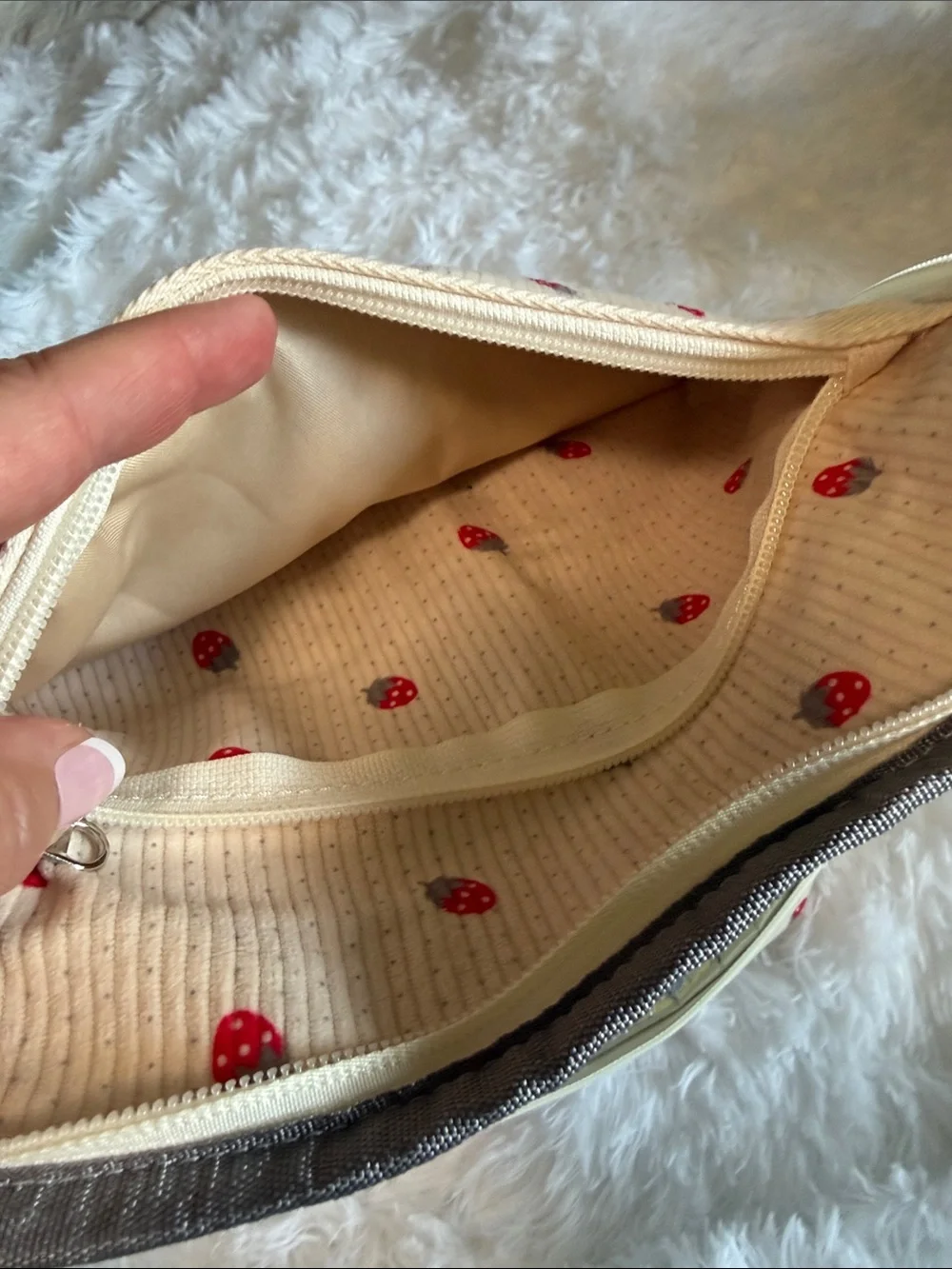 Cream Strawberry Print Cosmetic Pouch